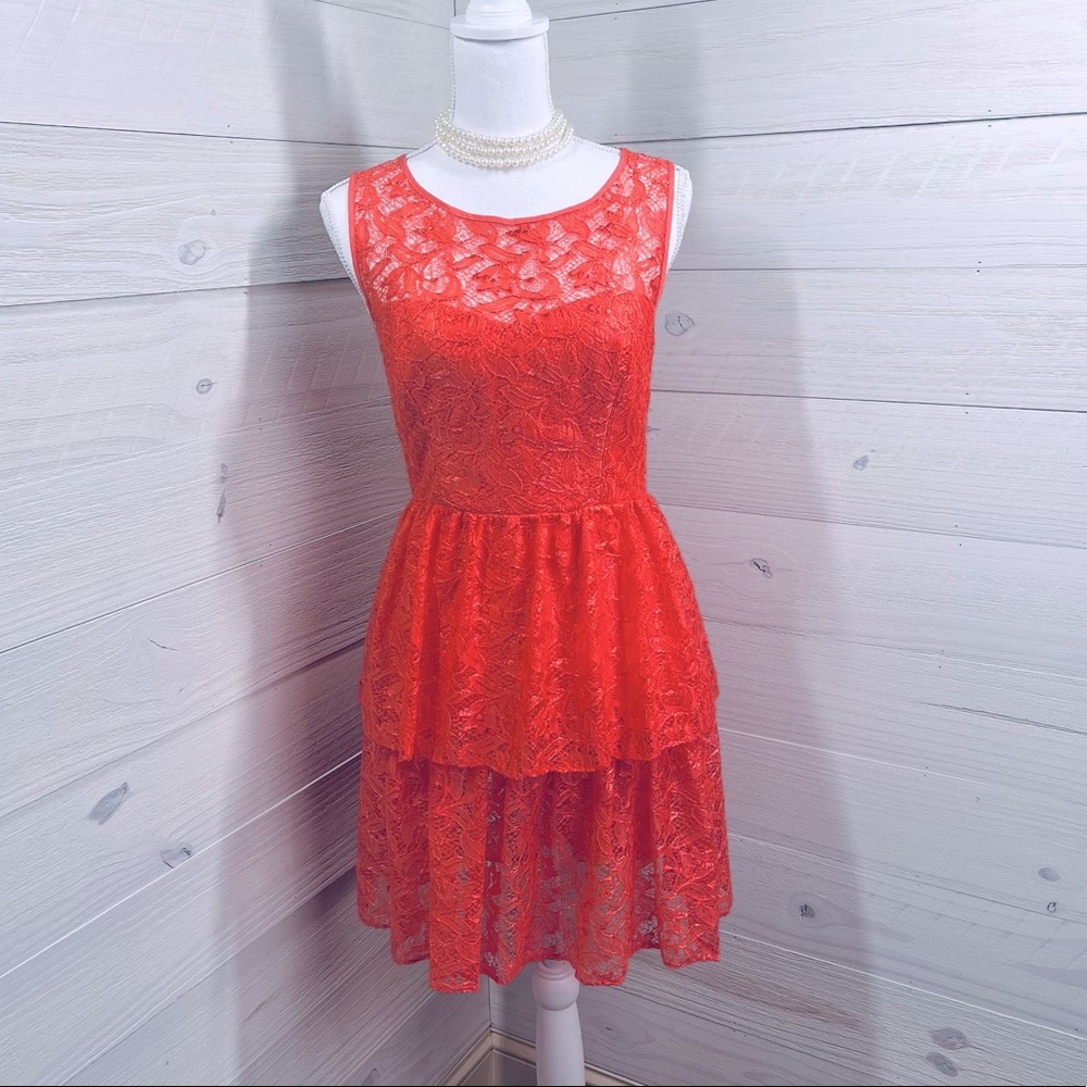 Max and Cleo Hot Coral& Floral Lace Cut Out Back Dress 6 FREE SHIP